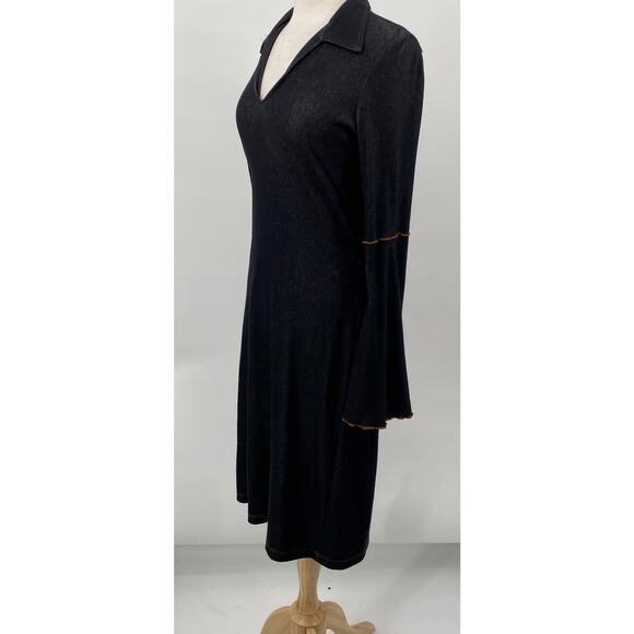 Vintage Y2k Bell Sleeve Stretch Cotton Denim Dress Collared V Neck Dark Wash M - Picture 7 of 10